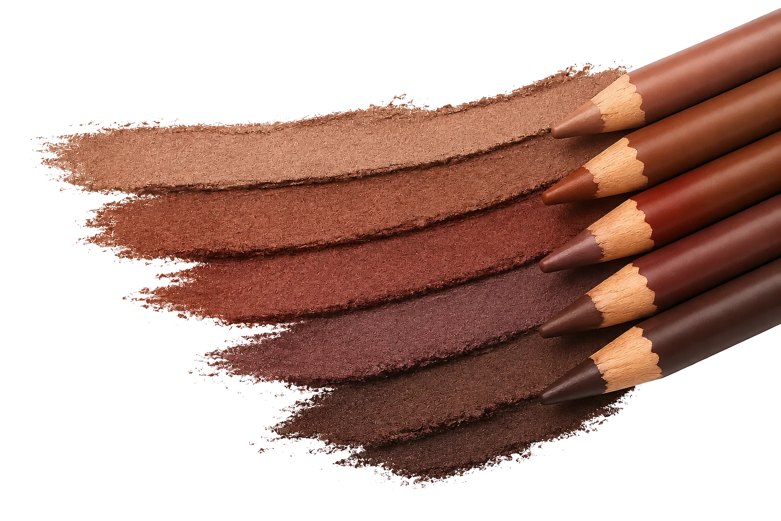 Brown lip liner pencils with taupe, chestnut, rosy, and espresso swatches