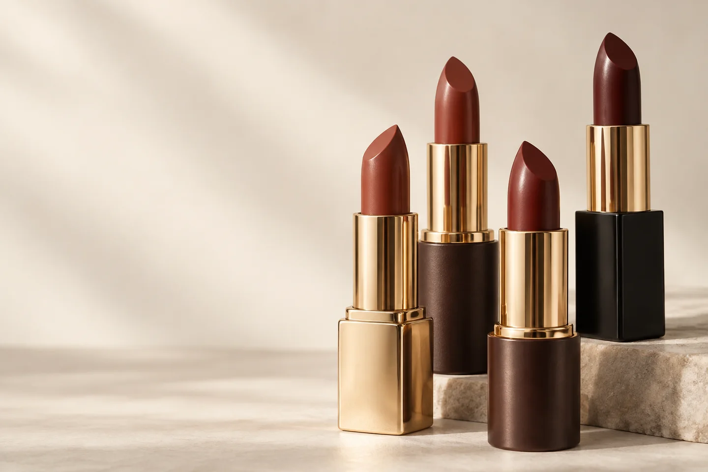 Four red-brown lipstick bullets in gold, brown, and black cases