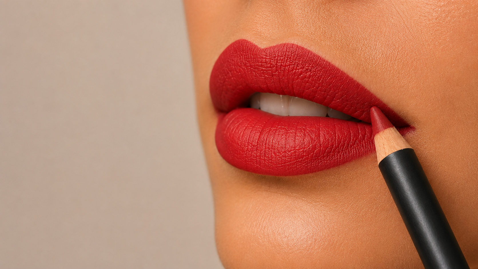 Red lipstick with a lip liner pencil
