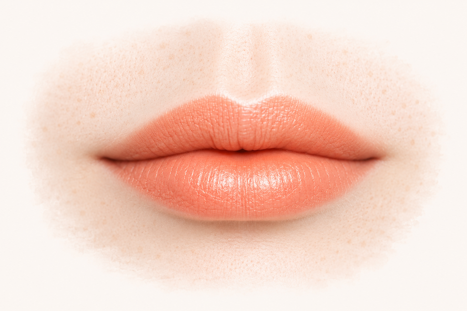 Example of a beige-pink lip color pulling peachy orange on pale skin