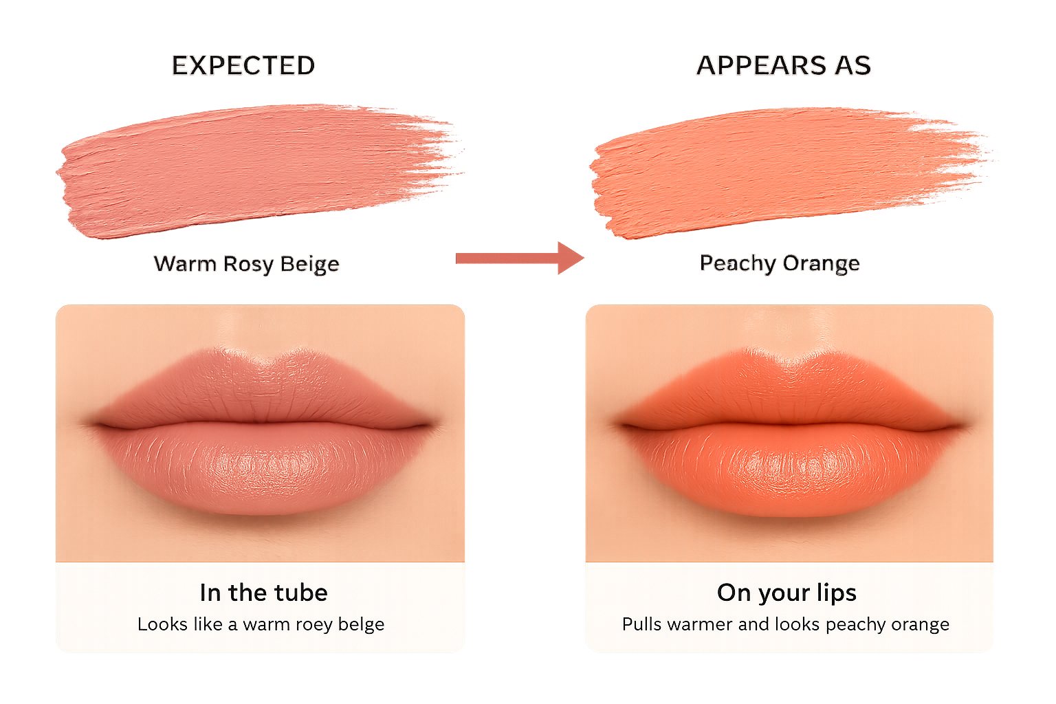 Rosy beige lip color appearing peachy orange after application