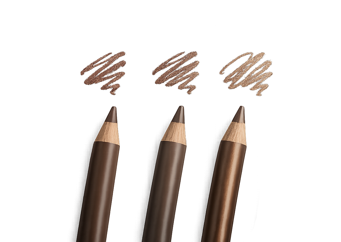 Three sharpenable brown lip pencils with swatches